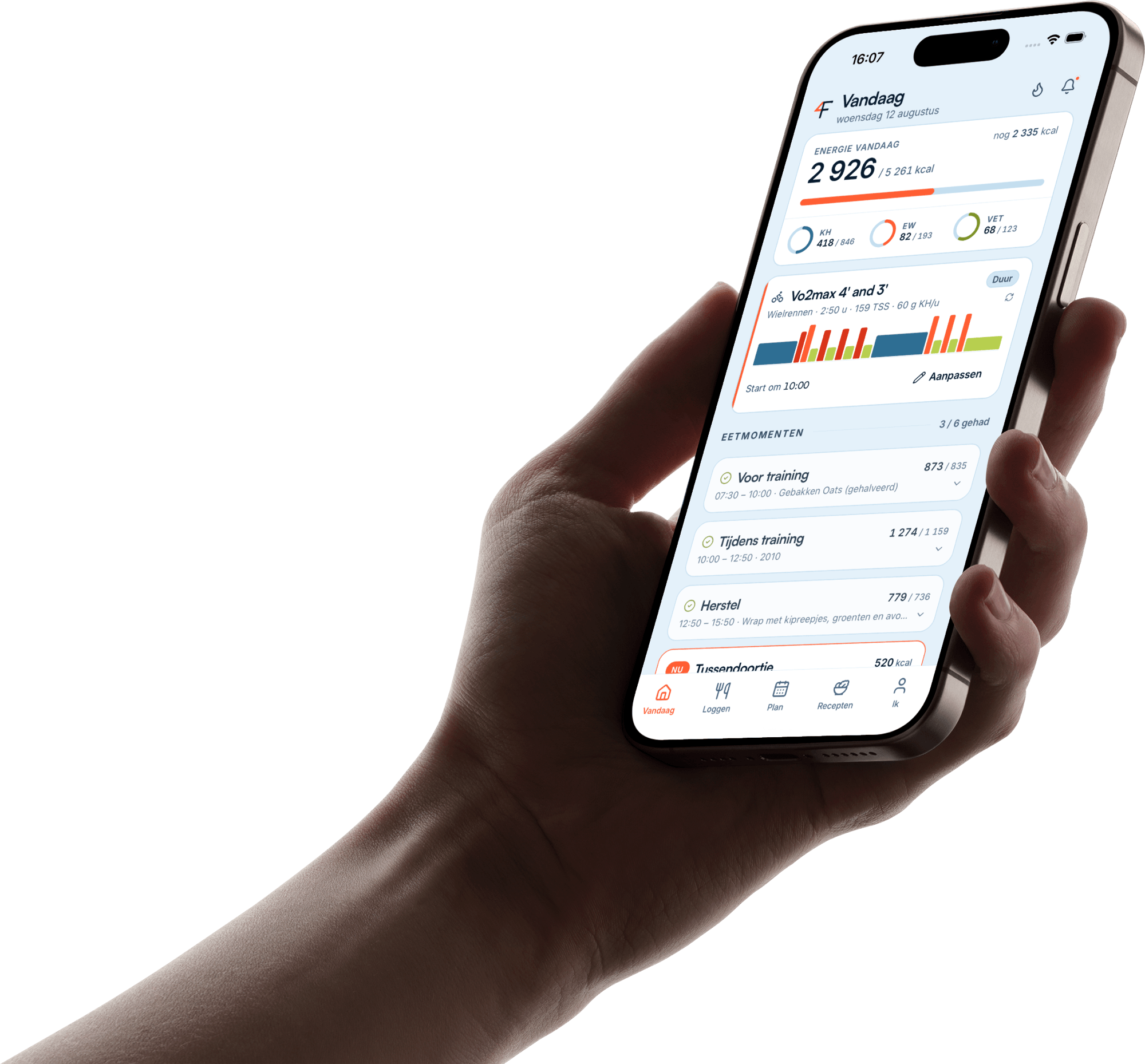 2fuel app — today view with energy, training and meals